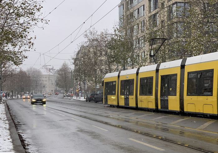 Tram M10 on Bernauer Strasse, on the stretch that leads to Mauerpark.