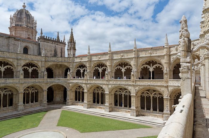The Jerónimos cloister: two floors of stone carved like lace — the part of the monastery you buy a ticket for.
