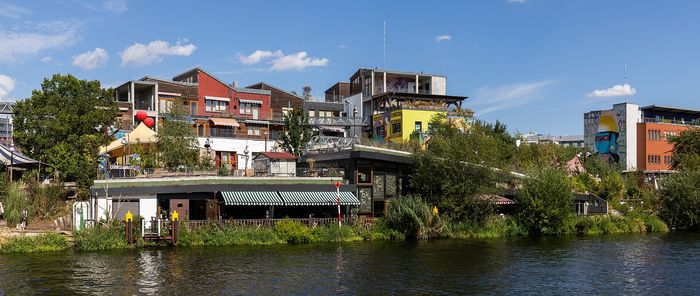 Holzmarkt on the Spree: free to walk into and to sit beside the water until dark.