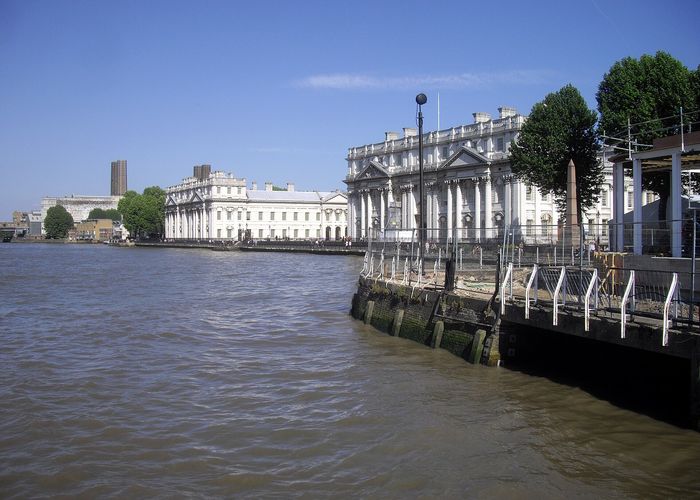 Greenwich from the water: the Old Royal Naval College, and behind it the hill with the observatory. Twenty-five minutes to Bank on the DLR, at a third off central room prices.