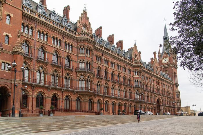 The 1868 St Pancras building, now the Eurostar terminal and a hotel. The quarter behind it was rebuilt from scratch after 2012 — and the prices followed.